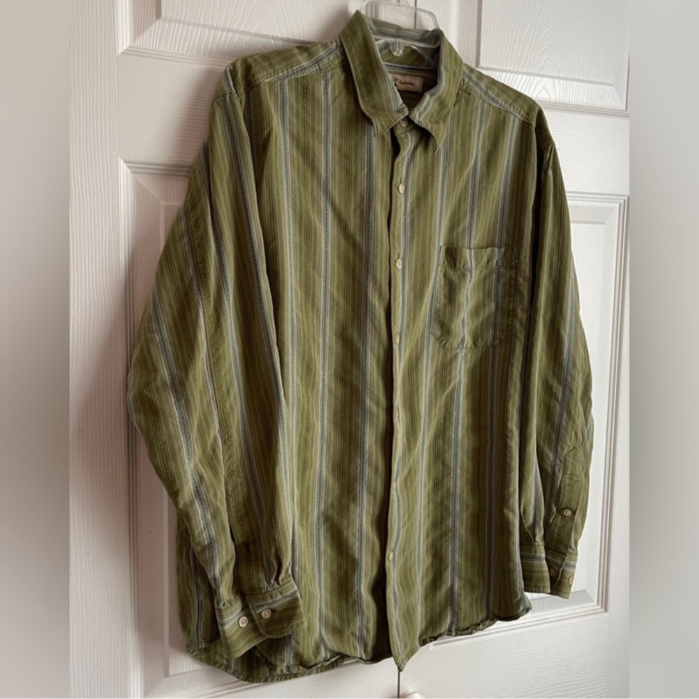 Tommy Bahama Men’s Olive Green Striped Long Sleeve 100% Silk Shirt Size Large
